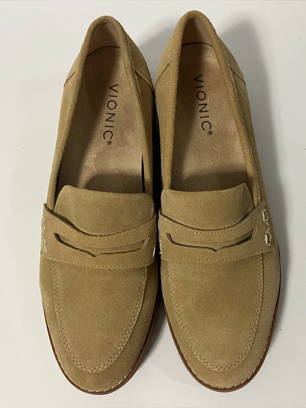 Vionic Eloide Nubuck Brown Suede Leather Loafers Womens 7 Chunky Lug Sole Preppy